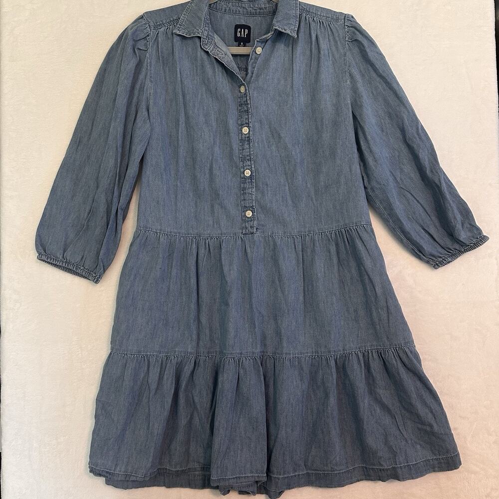 GAP Denim Chambray Tiered Shirt Dress Small 3/5 Puff Sleeve Prairie
